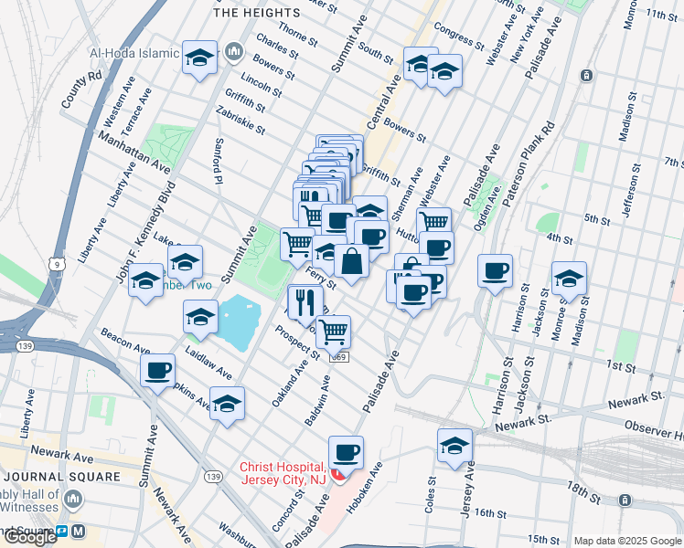 map of restaurants, bars, coffee shops, grocery stores, and more near 100 Ferry Street in Jersey City