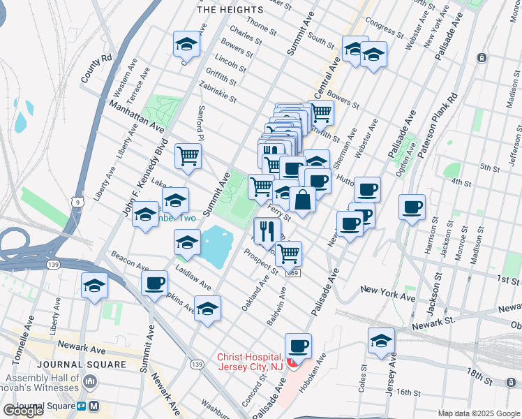 map of restaurants, bars, coffee shops, grocery stores, and more near 202-206 Central Avenue in Jersey City