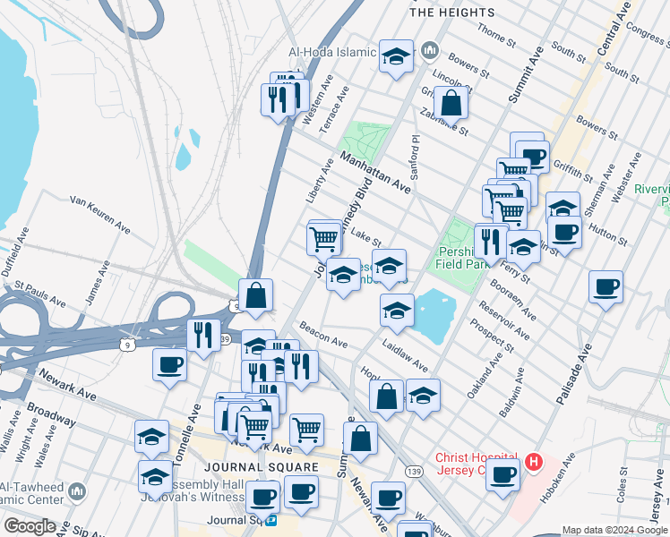 map of restaurants, bars, coffee shops, grocery stores, and more near 101 Collard Street in Jersey City