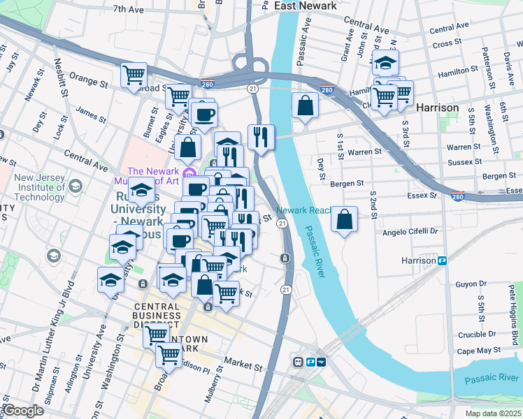map of restaurants, bars, coffee shops, grocery stores, and more near 27 Rector Street in Newark