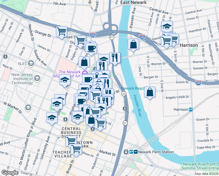 map of restaurants, bars, coffee shops, grocery stores, and more near 27 Rector Street in Newark
