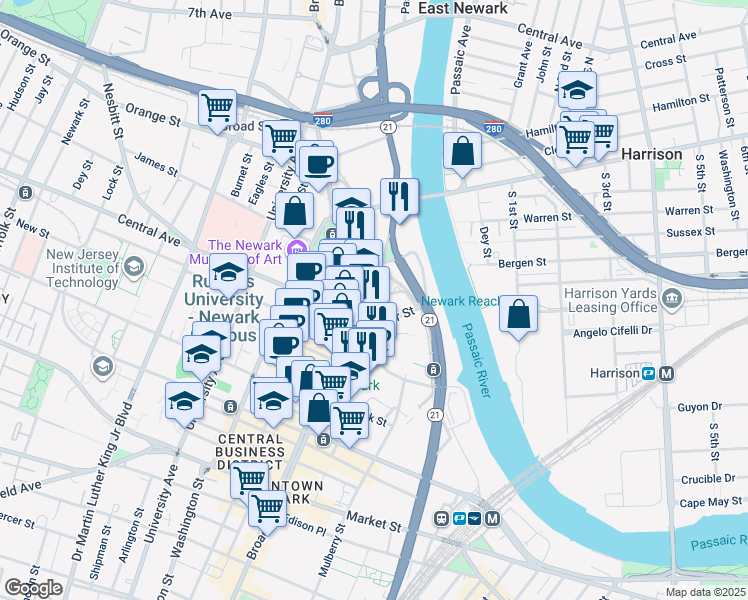 map of restaurants, bars, coffee shops, grocery stores, and more near 17 Fulton Street in Newark