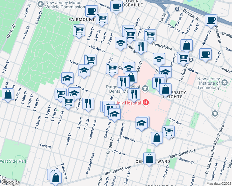map of restaurants, bars, coffee shops, grocery stores, and more near 129 Camden Street in Newark