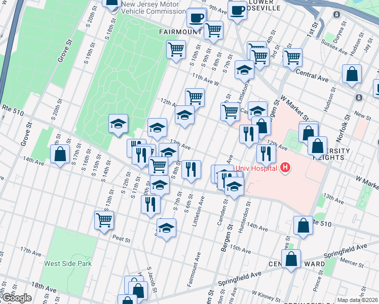 map of restaurants, bars, coffee shops, grocery stores, and more near 223 South 7th Street in Newark