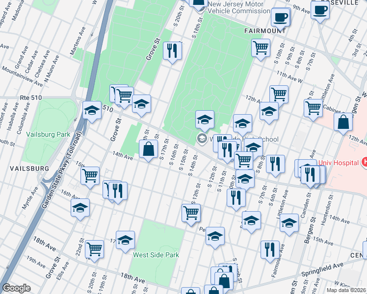 map of restaurants, bars, coffee shops, grocery stores, and more near 398 South 15th Street in Newark