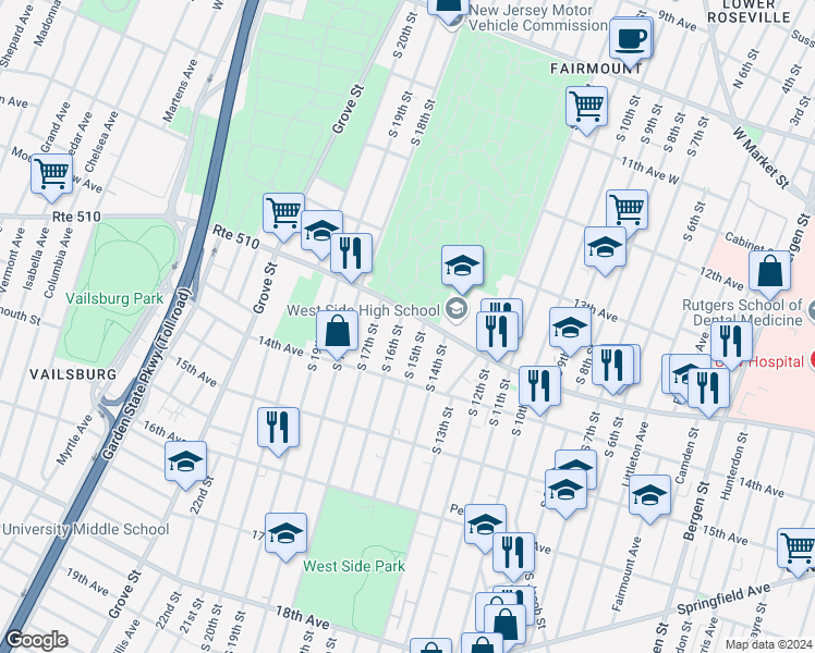 map of restaurants, bars, coffee shops, grocery stores, and more near 398 South 15th Street in Newark