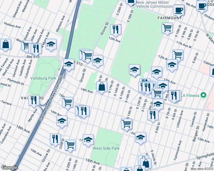 map of restaurants, bars, coffee shops, grocery stores, and more near 445 South 18th Street in Newark