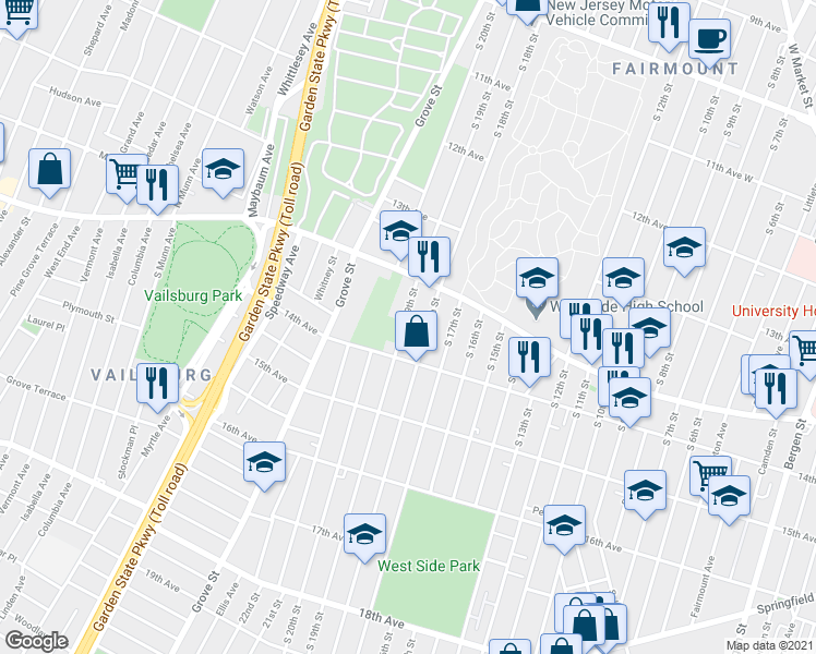 map of restaurants, bars, coffee shops, grocery stores, and more near 445 South 18th Street in Newark