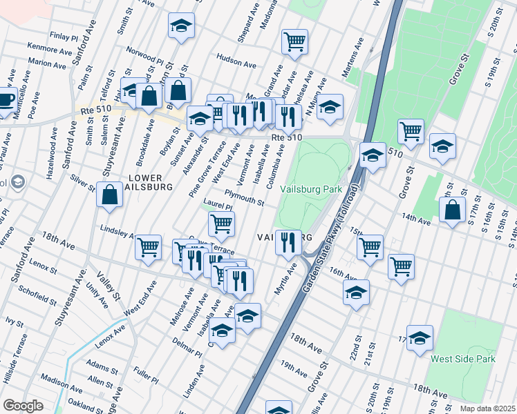 map of restaurants, bars, coffee shops, grocery stores, and more near 100 Columbia Avenue in Newark
