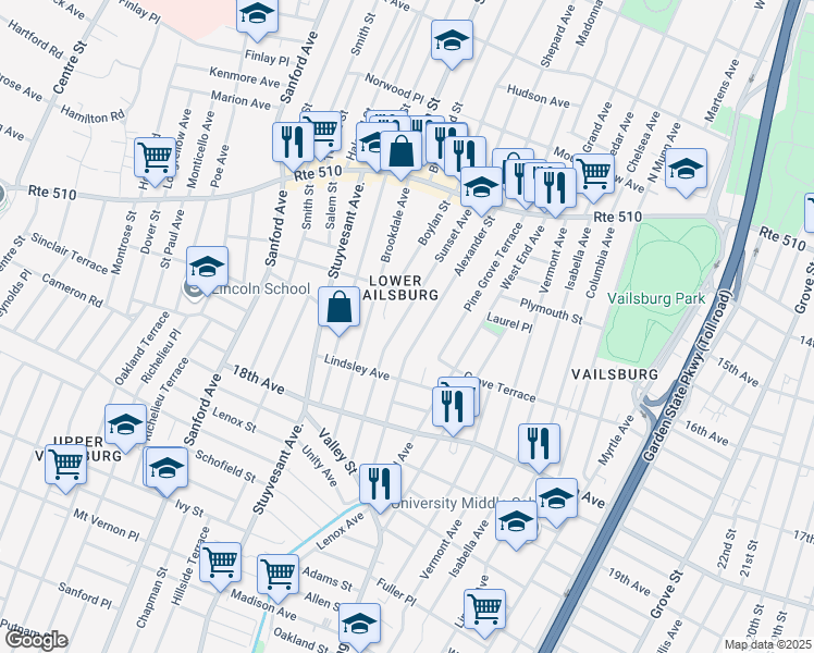 map of restaurants, bars, coffee shops, grocery stores, and more near 134 Sunset Avenue in Newark