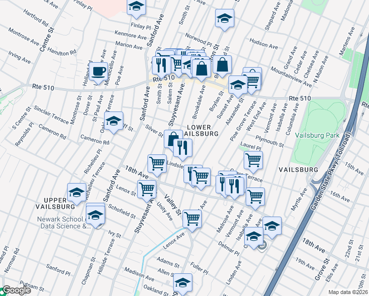 map of restaurants, bars, coffee shops, grocery stores, and more near 145 Brookdale Avenue in Newark