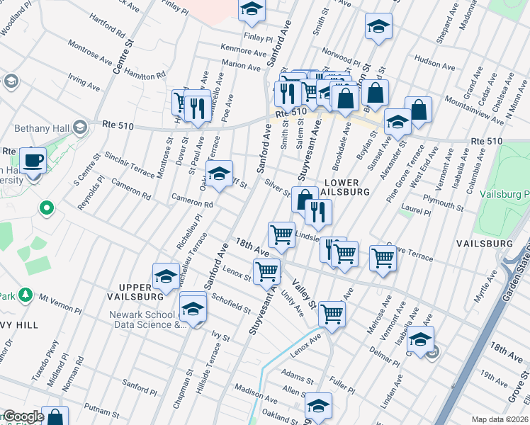 map of restaurants, bars, coffee shops, grocery stores, and more near 39 Mead Street in Newark