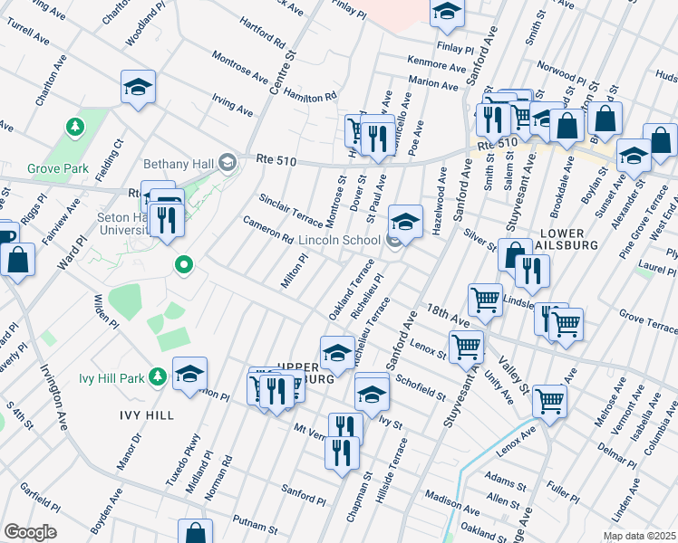 map of restaurants, bars, coffee shops, grocery stores, and more near 30 Eastern Parkway in Newark