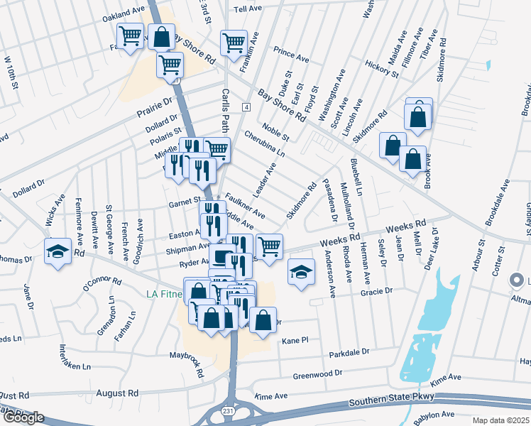 map of restaurants, bars, coffee shops, grocery stores, and more near 66 Faulkner Avenue in North Babylon