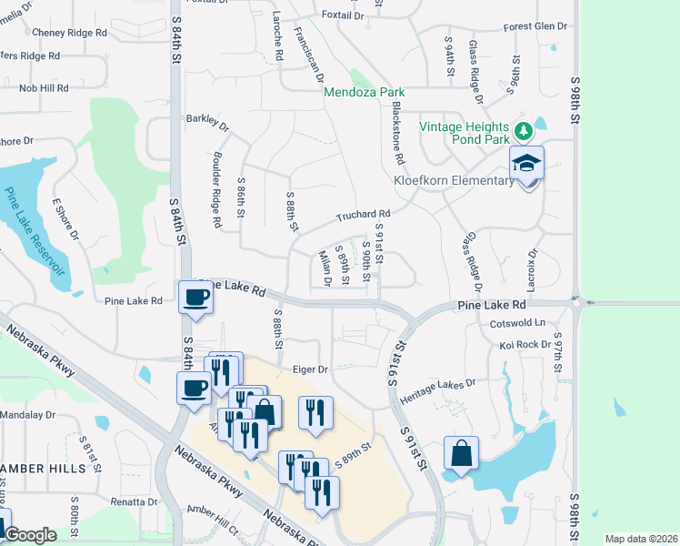 map of restaurants, bars, coffee shops, grocery stores, and more near 6904 Milan Drive in Lincoln