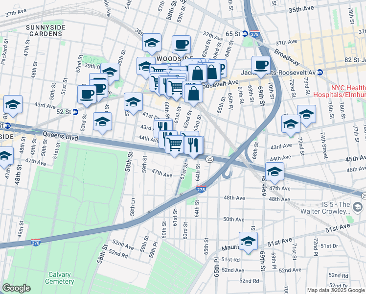 map of restaurants, bars, coffee shops, grocery stores, and more near 61-11 Queens Boulevard in Queens