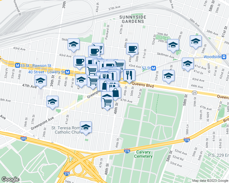 map of restaurants, bars, coffee shops, grocery stores, and more near 45-35 47th Street in Queens