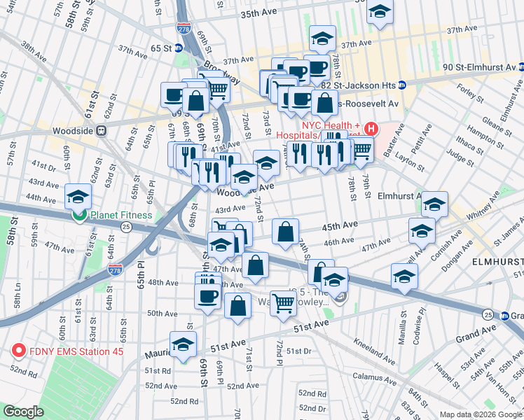 map of restaurants, bars, coffee shops, grocery stores, and more near 43-5 72nd Street in Queens