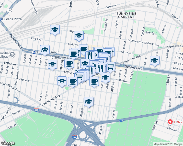 map of restaurants, bars, coffee shops, grocery stores, and more near 43-09 47th Avenue in Queens