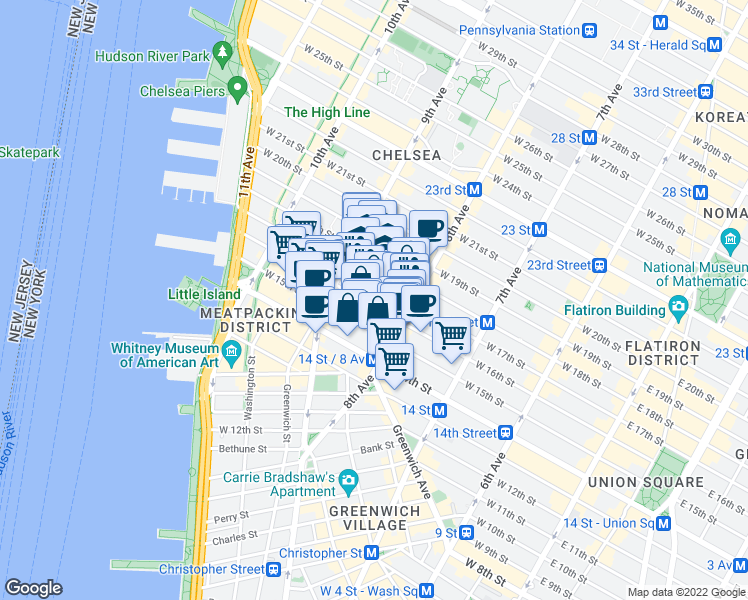 map of restaurants, bars, coffee shops, grocery stores, and more near 321 West 16th Street in New York