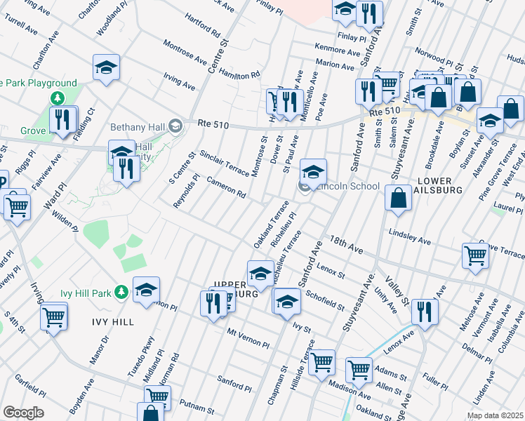map of restaurants, bars, coffee shops, grocery stores, and more near 30 Eastern Parkway in Newark