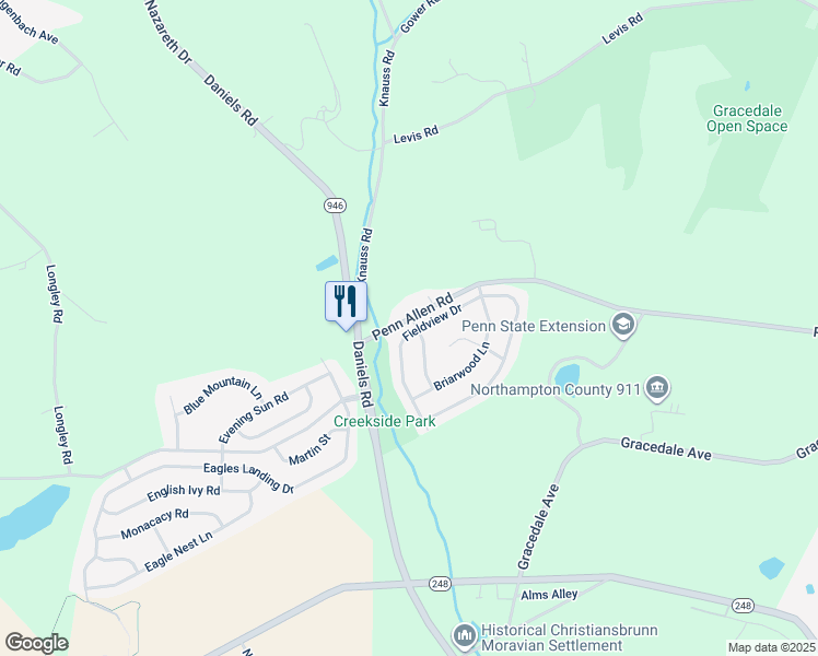 map of restaurants, bars, coffee shops, grocery stores, and more near 2067 Fieldview Drive in Nazareth