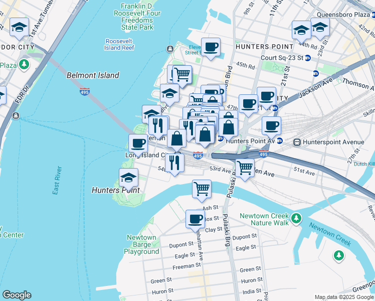 map of restaurants, bars, coffee shops, grocery stores, and more near 404 Borden Avenue in Queens