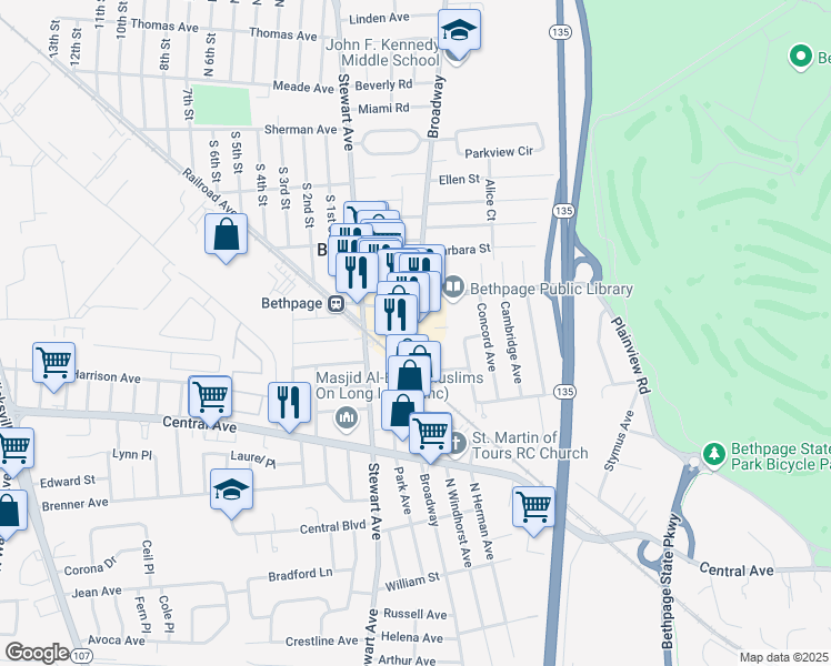 map of restaurants, bars, coffee shops, grocery stores, and more near Broadway in Bethpage
