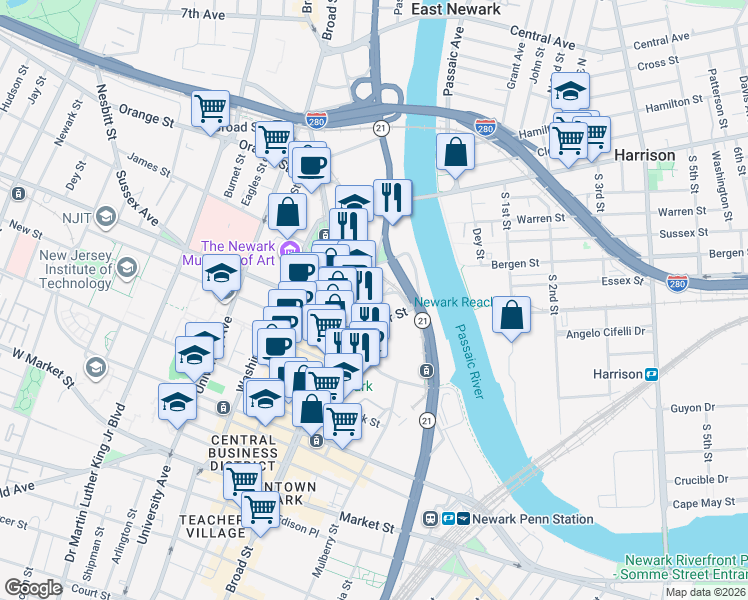 map of restaurants, bars, coffee shops, grocery stores, and more near 27 Rector Street in Newark