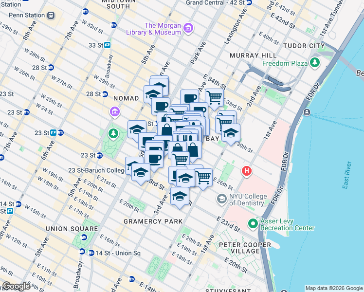 map of restaurants, bars, coffee shops, grocery stores, and more near 145 East 27th Street in New York
