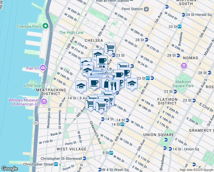 map of restaurants, bars, coffee shops, grocery stores, and more near 239 West 17th Street in New York