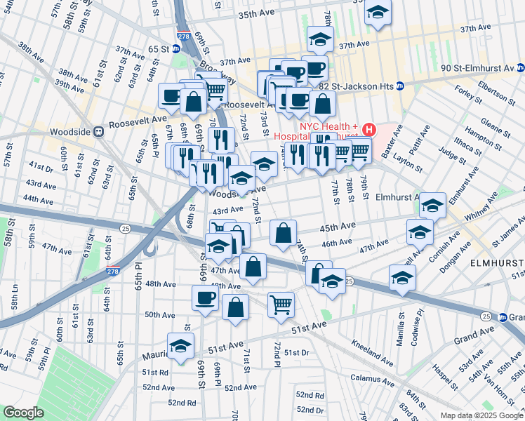 map of restaurants, bars, coffee shops, grocery stores, and more near in Queens