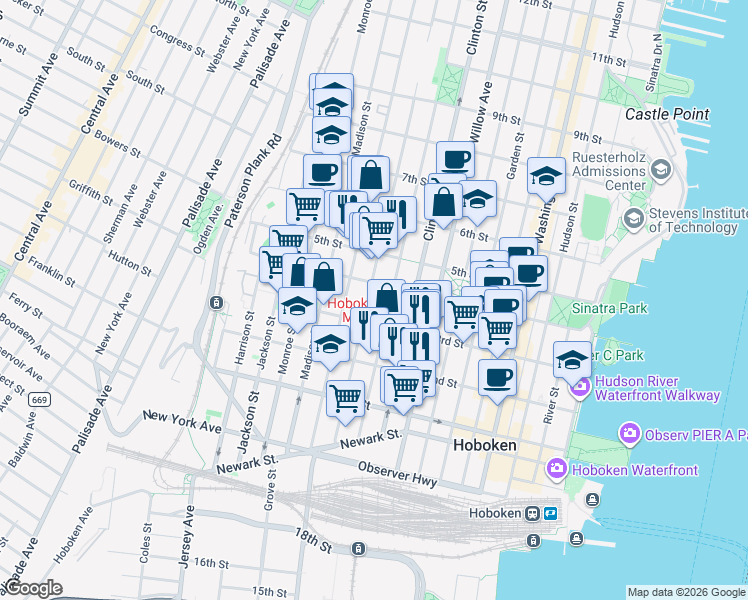 map of restaurants, bars, coffee shops, grocery stores, and more near 302 Grand Street in Hoboken