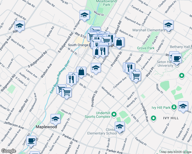 map of restaurants, bars, coffee shops, grocery stores, and more near 217 Prospect Street in South Orange