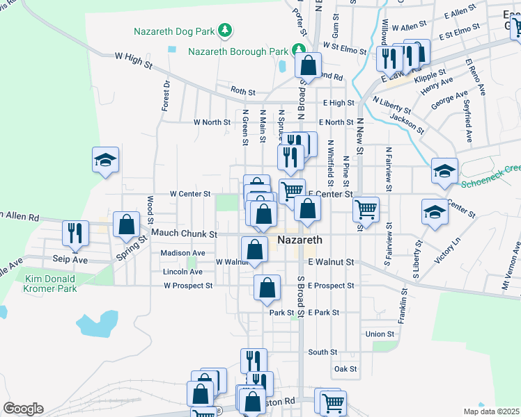 map of restaurants, bars, coffee shops, grocery stores, and more near 26 South Main Street in Nazareth