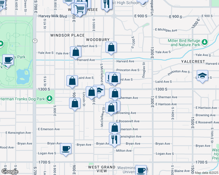 map of restaurants, bars, coffee shops, grocery stores, and more near 1073 East 1300 South in Salt Lake City