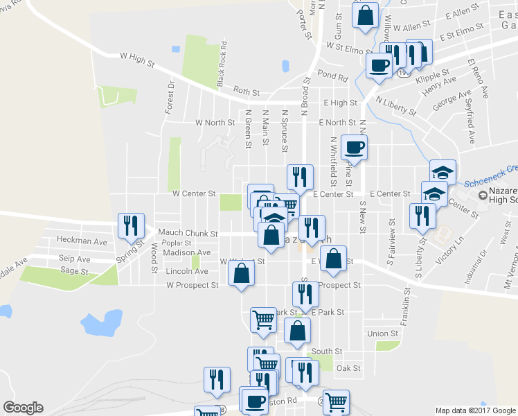 map of restaurants, bars, coffee shops, grocery stores, and more near 26 South Main Street in Nazareth