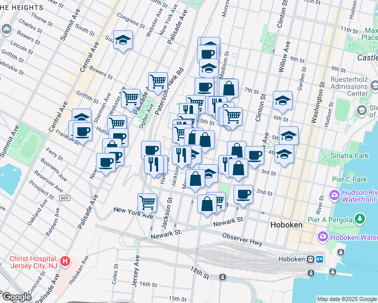 map of restaurants, bars, coffee shops, grocery stores, and more near 302 Monroe Street in Hoboken
