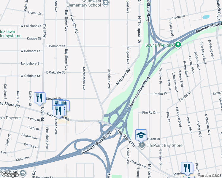 map of restaurants, bars, coffee shops, grocery stores, and more near 1012 Merriam Road in Bay Shore