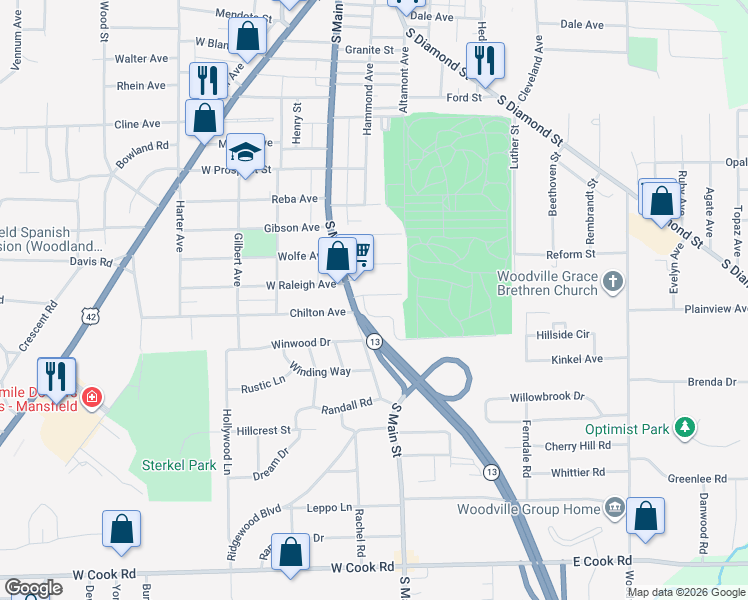 map of restaurants, bars, coffee shops, grocery stores, and more near 30 East Raleigh Avenue in Mansfield