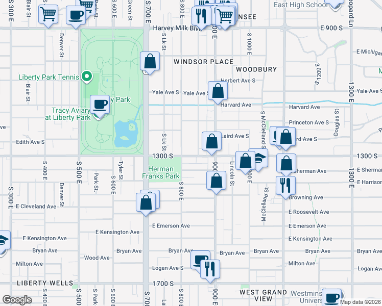 map of restaurants, bars, coffee shops, grocery stores, and more near 825 East 1300 South in Salt Lake City