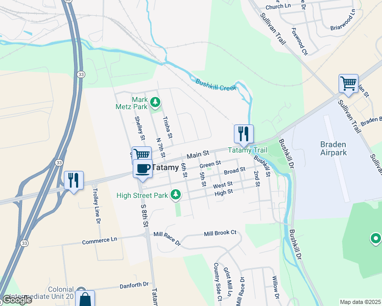 map of restaurants, bars, coffee shops, grocery stores, and more near 521 Main Street in Easton