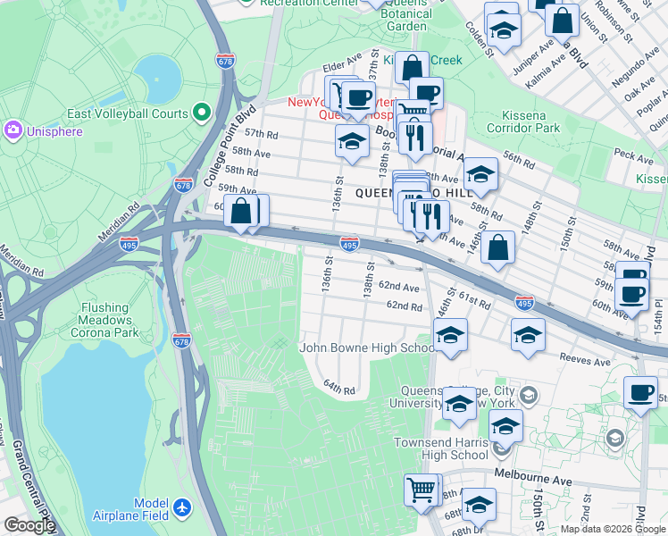map of restaurants, bars, coffee shops, grocery stores, and more near 135-30 62nd Avenue in Queens