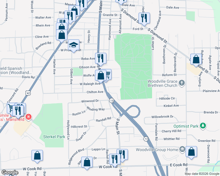 map of restaurants, bars, coffee shops, grocery stores, and more near 30 East Raleigh Avenue in Mansfield