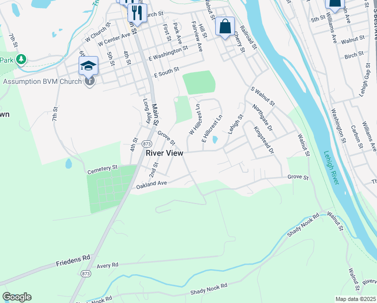 map of restaurants, bars, coffee shops, grocery stores, and more near 7281 East Hillcrest Lane in Slatington