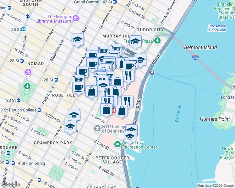 map of restaurants, bars, coffee shops, grocery stores, and more near 355 East 30th Street in New York