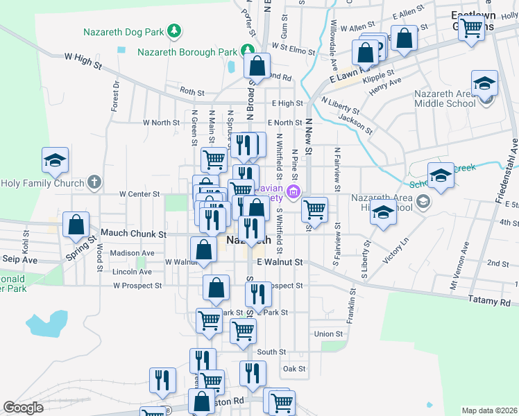 map of restaurants, bars, coffee shops, grocery stores, and more near 33 South Broad Street in Nazareth