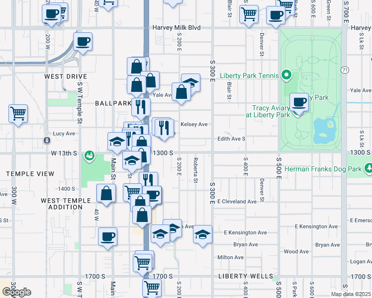 map of restaurants, bars, coffee shops, grocery stores, and more near 217 East 1300 South in Salt Lake City