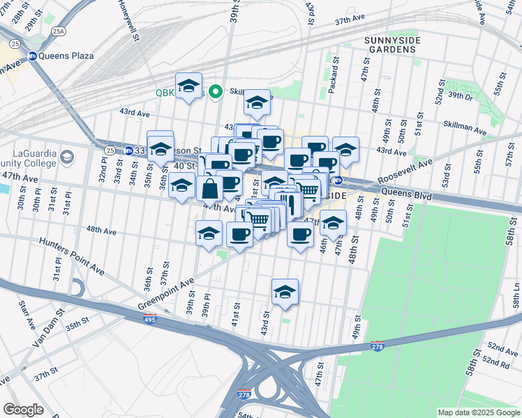 map of restaurants, bars, coffee shops, grocery stores, and more near 41-16 47th Avenue in Queens