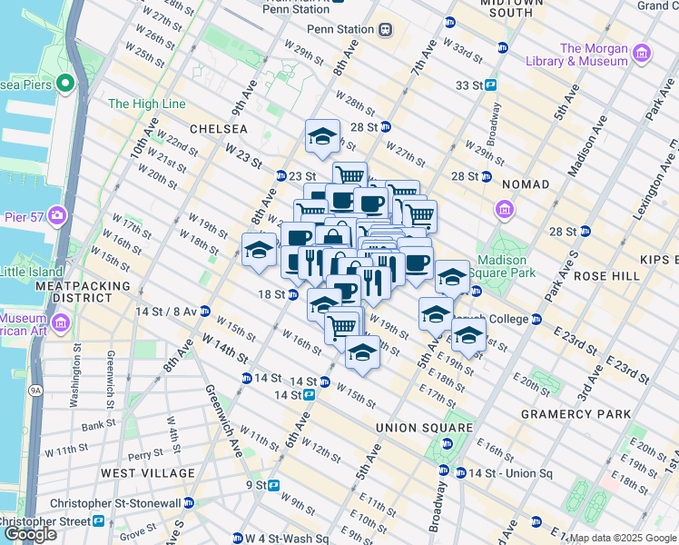 map of restaurants, bars, coffee shops, grocery stores, and more near 121A West 20th Street in New York